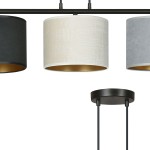 Lampa wisząca Hilde 3-punktowa w kolorach: czarnym, białym i szarym z metalowym wykończeniem w złotym kolorze. Okrągłe klosze z materiału zawieszone na czarnej konstrukcji, zamontowane na okrągłej podstawie.