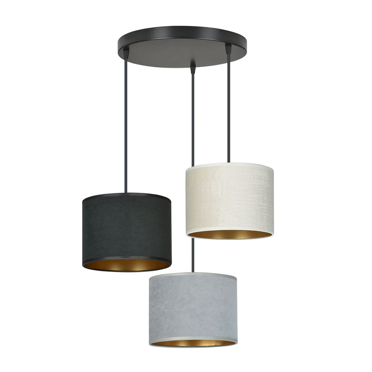 Lampa wisząca Hilde 3-punktowa w kolorach czarnym, szarym i białym, z metalowym stelażem w kolorze czarnym. Każdy klosz ma złotą wewnętrzną stronę, zawieszona na trzech cienkich linkach. Idealna do nowoczesnych wnętrz.