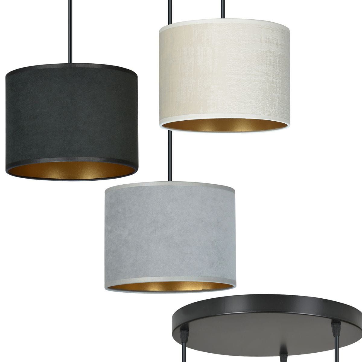 Lampa wisząca Hilde 3-punktowa z trzech cylindrycznych kloszy: czarnego, szarego i beżowego, z metalowym wykończeniem w kolorze złotym wewnątrz. Klosze zawieszone na cienkich linkach z czarnym stelażem, ułożone w poziomie, na prostokątnej podstawie.
