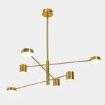 Złota lampa wisząca Remdal z sześcioma okrągłymi kloszami LED, zamontowana na cienkim metalowym stelażu. Kluczowe cechy to minimalistyczny design i geometryczny układ ramion. Lampa zawieszona pod kątem, na jednolitym tle.
