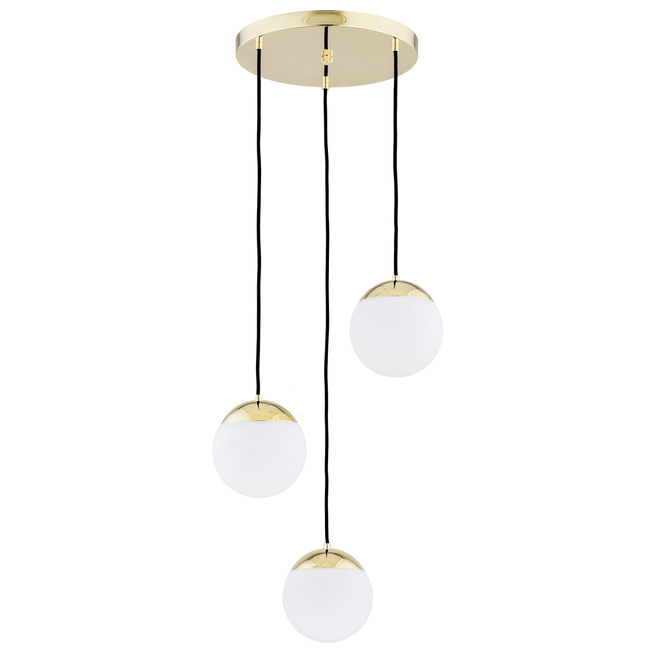 Lampa wisząca Livia 3-punktowa w kolorze złotym, z trzema białymi, okrągłymi kloszami zawieszonymi na czarnych linkach. Klosze mają górne, złote wykończenie, a całość montowana jest na okrągłej, złotej podstawie.