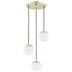 Lampa wisząca Livia 3-punktowa w kolorze złotym, z trzema białymi, okrągłymi kloszami zawieszonymi na czarnych linkach. Klosze mają górne, złote wykończenie, a całość montowana jest na okrągłej, złotej podstawie.