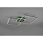 Czarna lampa sufitowa Arribo LED RGBW z trzema punktami świetlnymi, w formie połączonych kwadratów. Lampa posiada zielony element podświetlający oraz jest sterowana pilotem. Ujęcie z góry, na jednolitym tle.