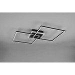 Czarna lampa sufitowa Arribo LED RGBW, 3-punktowa, z pilotem. Składa się z dwóch nakładających się kwadratowych paneli o białych krawędziach, montowana na suficie. Prosty design, idealna do nowoczesnych wnętrz.