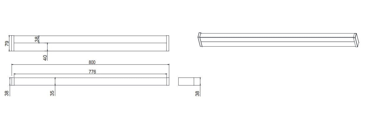 Fabio LED kinkiet w kolorze chromu, wymiar 800 mm x 40 mm x 38 mm, z klasą szczelności IP44. Prosty, prostokątny kształt, idealny do oświetlenia wnętrz, widok z boku i z góry. Zawiera szczegółowe wymiary oraz układ montażowy.