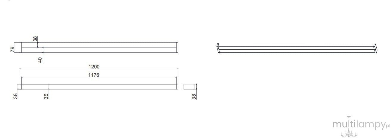 Fabio LED kinkiet IP44, czarny, o wymiarach 1200 mm długości i 38 mm szerokości. Prosty, prostokątny kształt z zamontowanymi diodami LED, idealny do oświetlenia wnętrz i przestrzeni zewnętrznych.