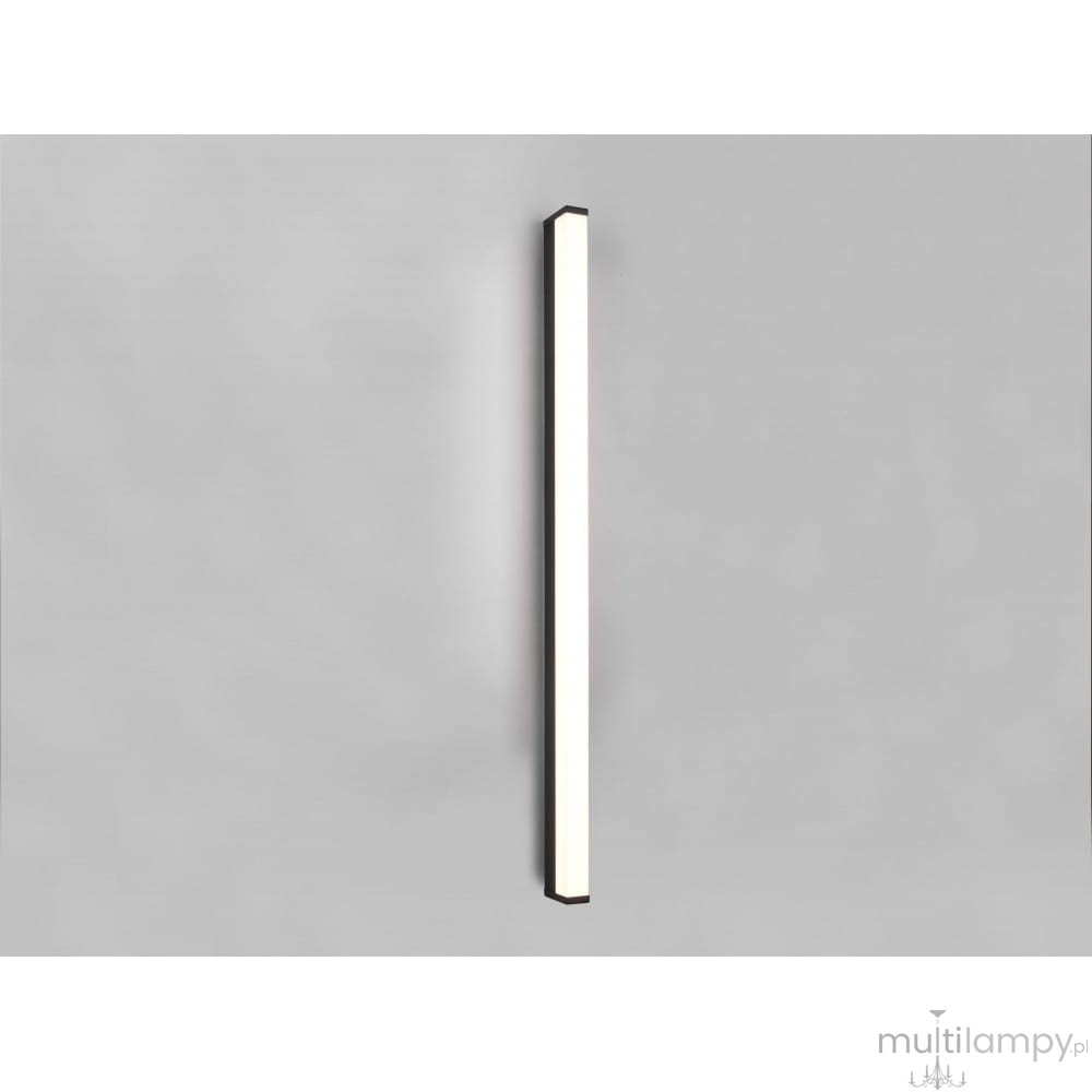 Fabio LED kinkiet IP44 w kolorze czarnym, o długości 120 cm i mocy 20W. Prosty, prostokątny kształt z białym źródłem światła, zamontowany pionowo na jasnoszarym tle. Idealny do wnętrz i przestrzeni zewnętrznych.