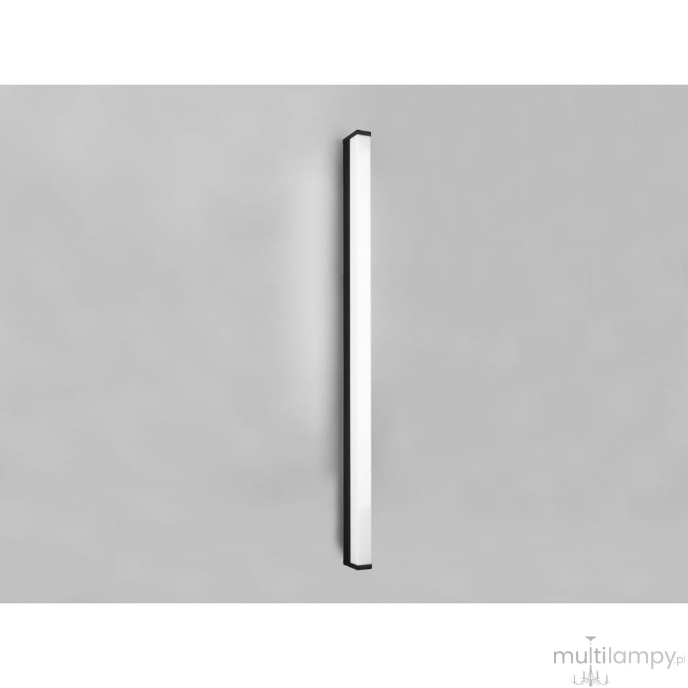 Fabio LED kinkiet w kolorze czarnym, o długości 120 cm i mocy 20W. Prosty, prostokątny kształt z mlecznym kloszem, montowany na ścianie. Wodoodporny, idealny do łazienek lub na zewnątrz. Ujęcie frontalne na gładkim tle.