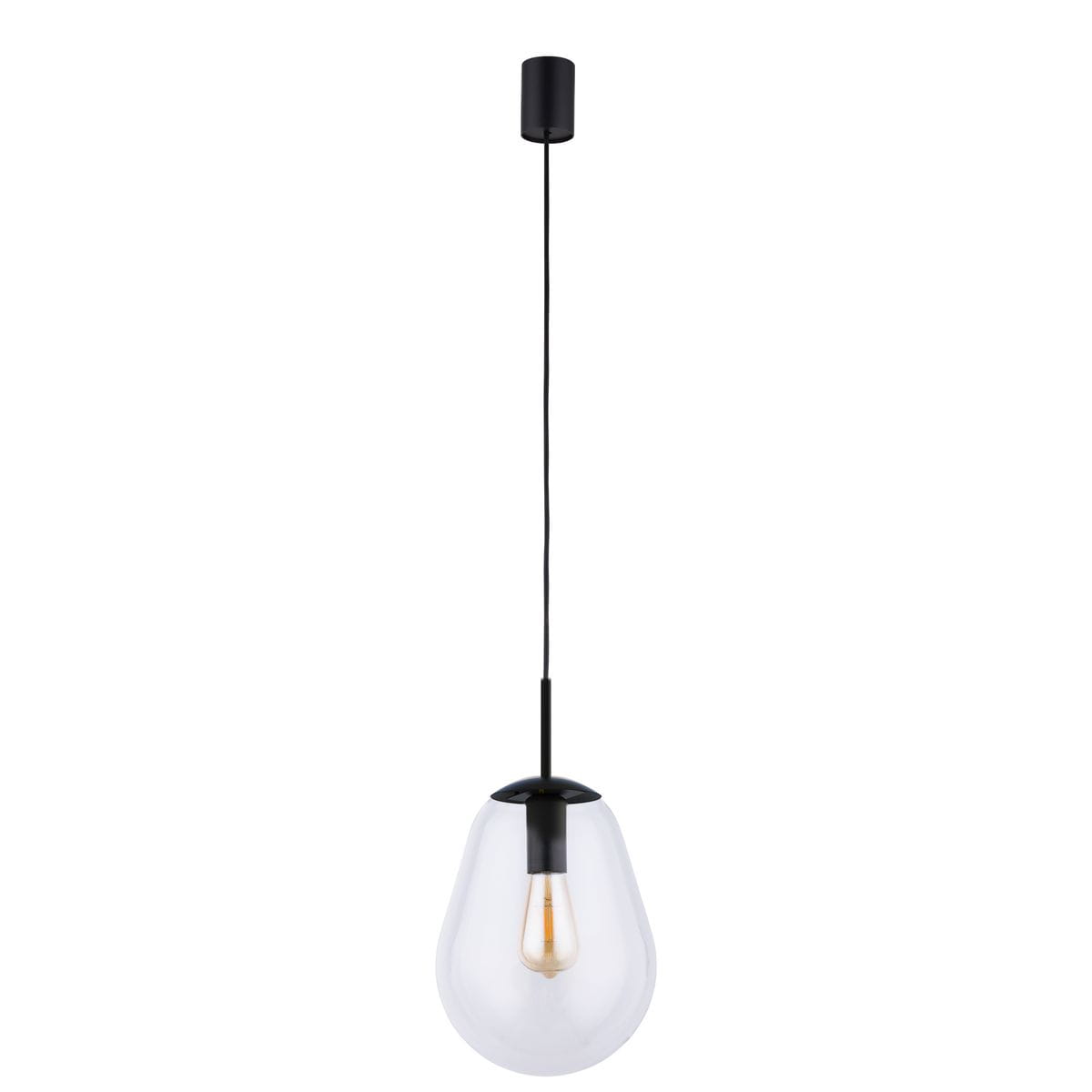 Czarna lampa wisząca Pear S z przezroczystym kloszem w kształcie kropli, zawieszona na cienkim kablu. U góry znajduje się czarny uchwyt montażowy. Widoczna żarówka w środku. Idealna do nowoczesnych wnętrz.