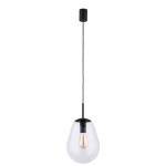 Czarna lampa wisząca Pear S z przezroczystym kloszem w kształcie kropli, zawieszona na cienkim kablu. U góry znajduje się czarny uchwyt montażowy. Widoczna żarówka w środku. Idealna do nowoczesnych wnętrz.