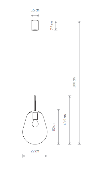 Czarna lampa wisząca Pear S z 1 punktem świetlnym. Kształt okrągły, średnica 22 cm, wysokość 30 cm. Długość zawieszenia 180 cm, wykończenie matowe. Widoczne detale montażowe oraz wymiary: rozstaw uchwytu 5,5 cm, wysokość 7,5 cm.