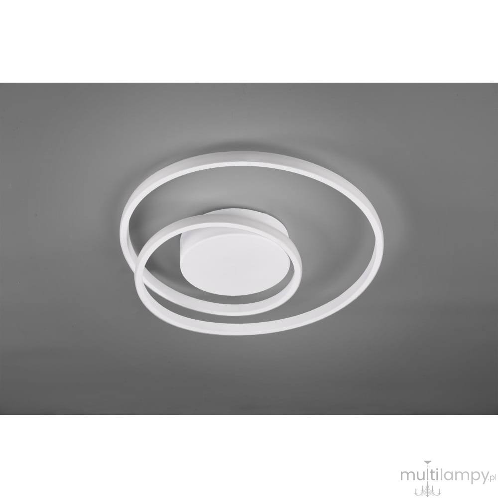 Biała lampa sufitowa Zibal LED o okrągłej podstawie i dwóch nieregularnych pierścieniach. Ujęcie z góry, na szarym tle, pokazujące nowoczesny design i minimalistyczny styl lampy.