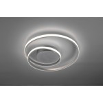 Tytanowa lampa sufitowa Zibal LED w formie spiralnej, z dwoma okrągłymi pierścieniami emitującymi białe światło. Montowana na suficie, o minimalistycznym designie, w kolorze tytanowym, z centralnym okrągłym elementem.