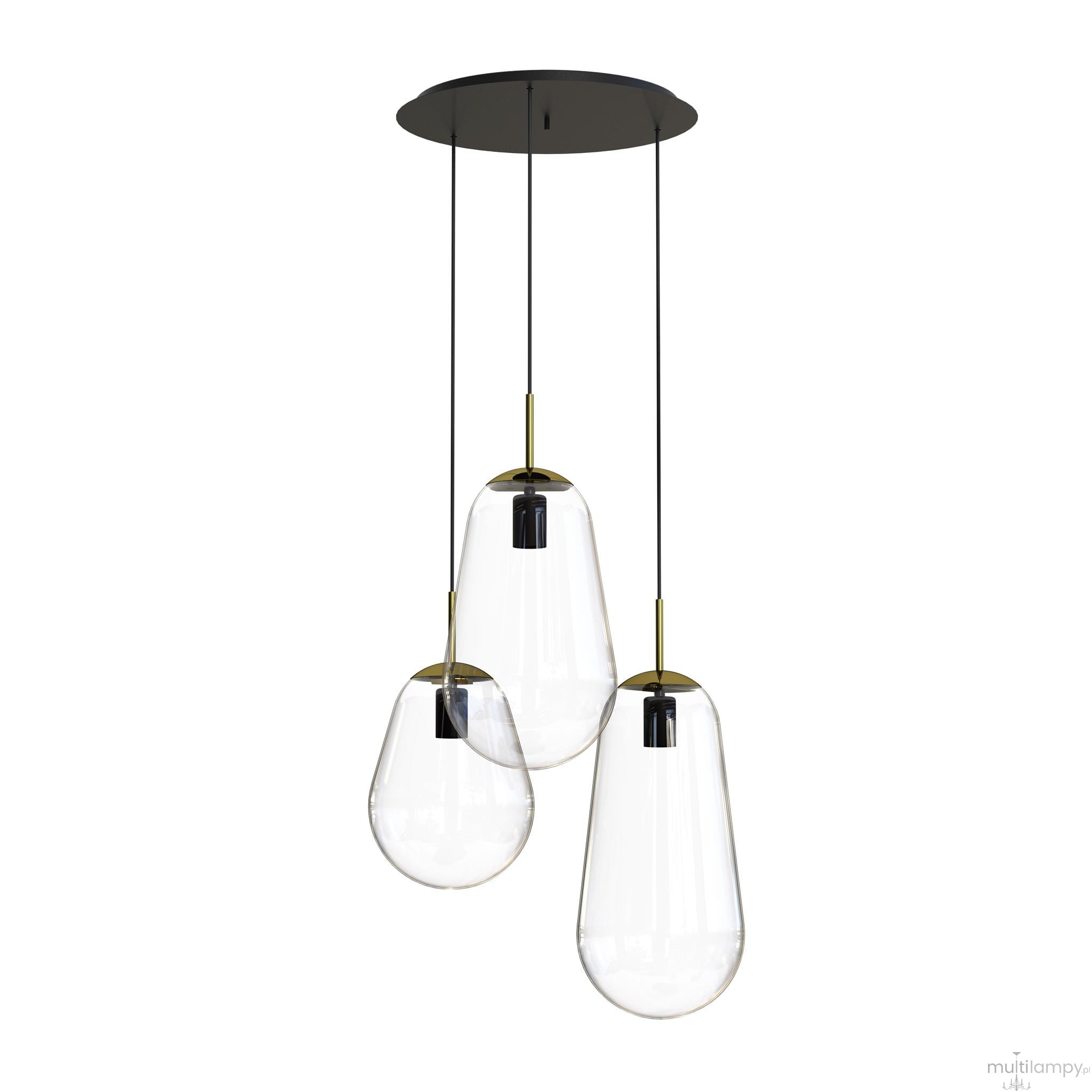 Lampa wisząca Pear 3-punktowa z trzech przezroczystych kloszy w kształcie kropli, zawieszonych na czarnych linkach. Metalowe elementy w kolorze złotym. Montaż sufitowy, idealna do nowoczesnych wnętrz.