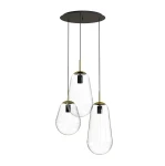 Lampa wisząca Pear 3-punktowa z trzech przezroczystych kloszy w kształcie kropli, zawieszonych na czarnych linkach. Metalowe elementy w kolorze złotym. Montaż sufitowy, idealna do nowoczesnych wnętrz.