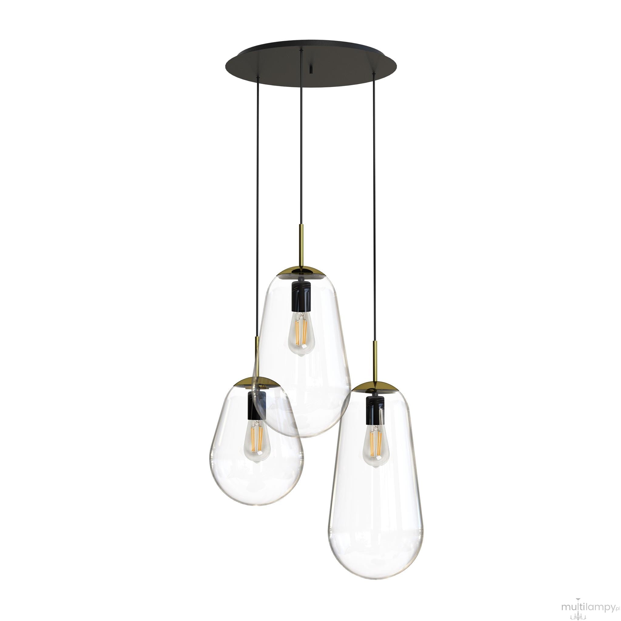Lampa wisząca Pear 3-punktowa 7794 z trzema przezroczystymi kloszami w kształcie kropli, zawieszona na czarnych linkach. Wykończenie w kolorze złotym przy podstawie kloszy. Montowana sufitowo, na prostym białym tle.
