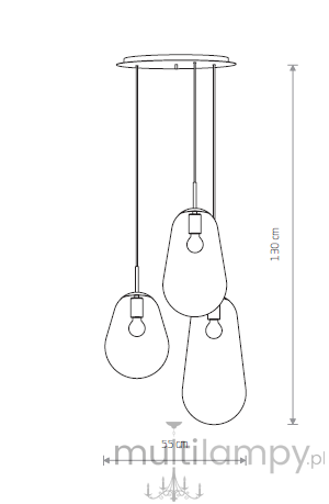 Lampa wisząca Pear 3-punktowa, z okrągłym plafonem, zawieszona na trzech cienkich linkach. Wymiary: średnica 55 cm, wysokość 130 cm. Klosze w kształcie kropli, wykonane z materiału w białym kolorze, minimalistyczny design.