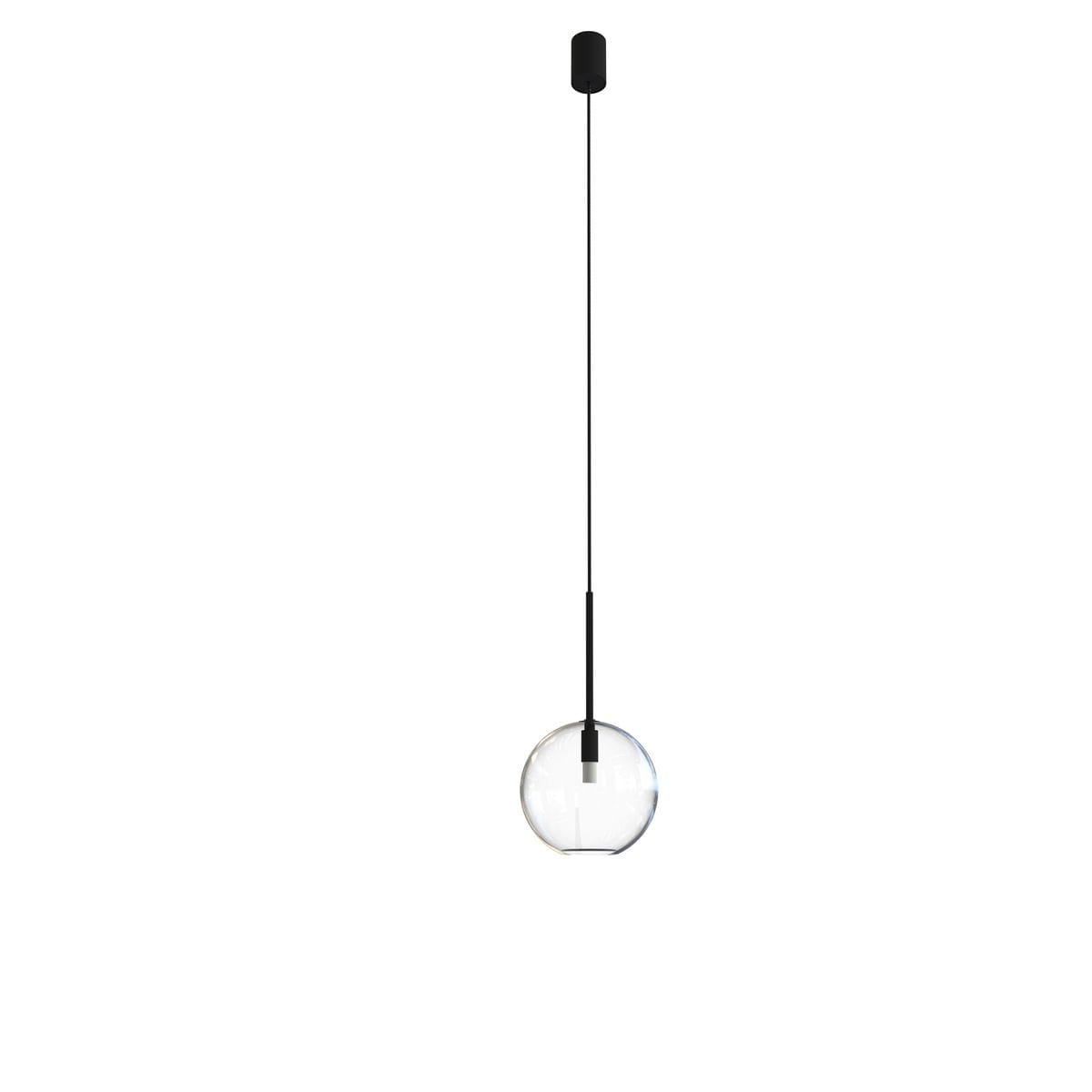 Czarna lampa wisząca Spehere D15 z jednym punktem świetlnym, z cienkim przewodem i okrągłym kloszem ze szkła. Produkt zawieszony w pionie, na białym tle.