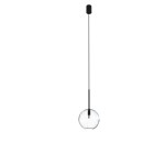 Czarna lampa wisząca Spehere D15 z jednym punktem świetlnym, z cienkim przewodem i okrągłym kloszem ze szkła. Produkt zawieszony w pionie, na białym tle.