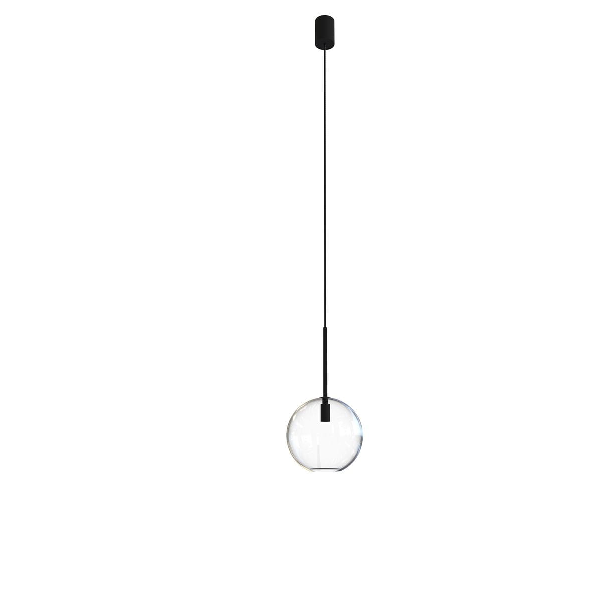 Lampa wisząca Spehere D15 z czarnym mocowaniem i długim przewodem, z przezroczystą okrągłą kloszem. Ujęcie frontalne, na białym tle, podkreślające minimalistyczny design. Idealna do nowoczesnych wnętrz.