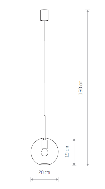 Lampa wisząca Spehere D20 w kolorze czarnym, z okrągłym kloszem o średnicy 20 cm i wysokości 19 cm, zawieszona na cienkim przewodzie o długości 130 cm. Prosty, nowoczesny design, idealna do różnorodnych wnętrz.