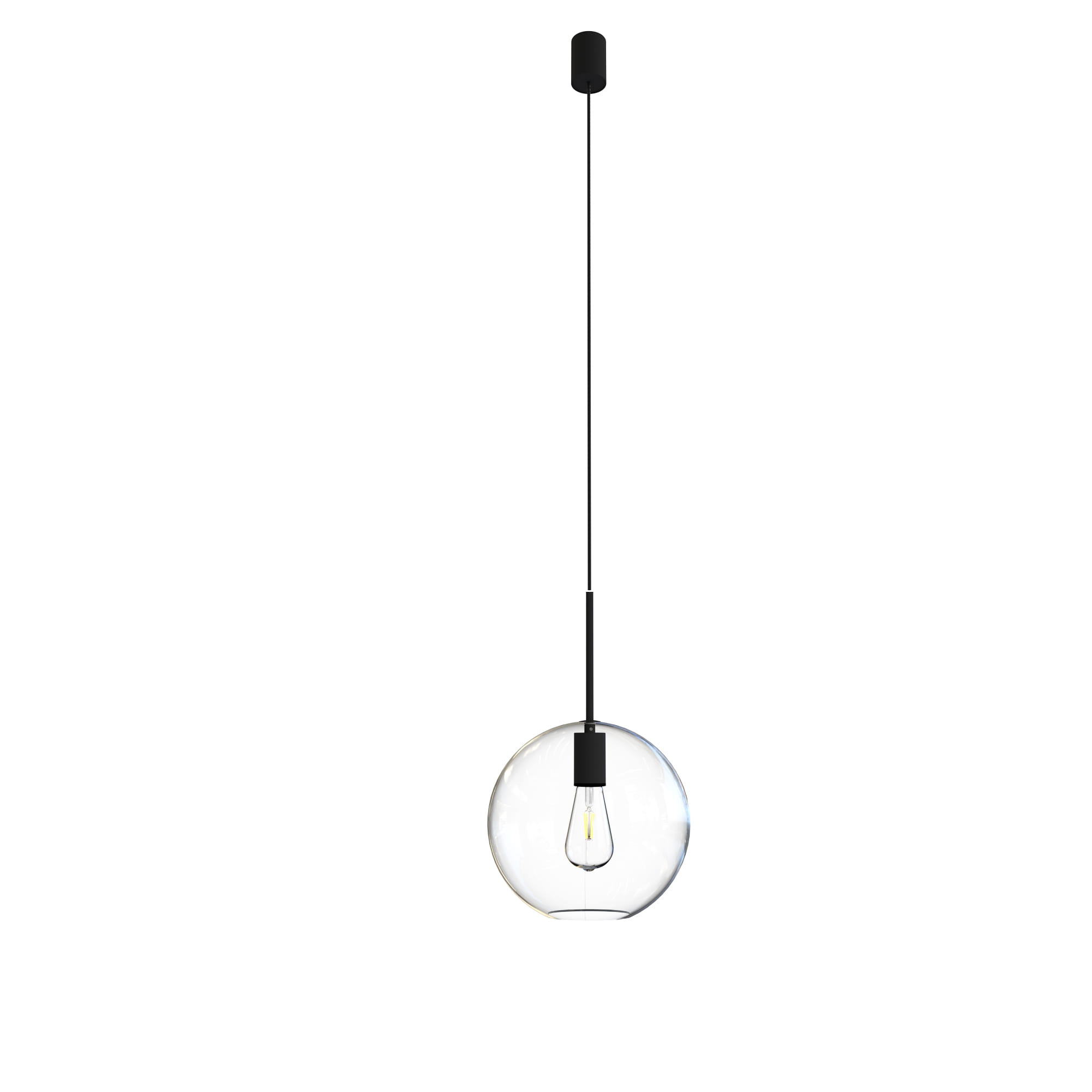 Lampa wisząca Spehere D25 w kolorze czarnym, z okrągłym, przezroczystym kloszem. Produkt zawieszony na cienkim, czarnym kablu, z widoczną żarówką w środku. Ujęcie frontalne, na białym tle.