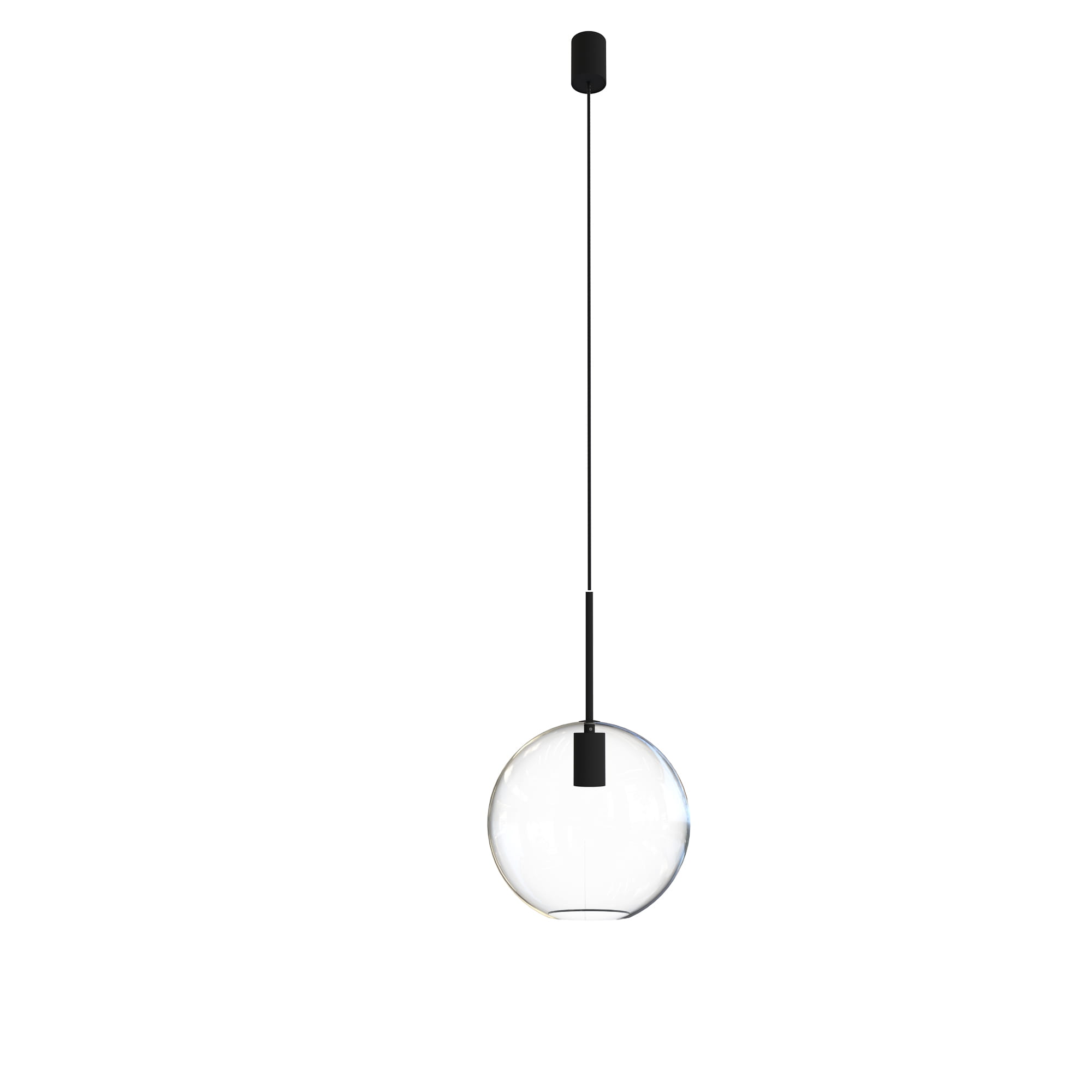 Lampa wisząca Sphere D25 w czarnym kolorze z przezroczystym, kulistym kloszem. Zawieszona na cienkim, czarnym kablu, z minimalistycznym mocowaniem sufitowym. Klosz ma gładką powierzchnię i nowoczesny design, idealna do aranżacji wnętrz.