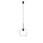 Lampa wisząca Sphere D25 w czarnym kolorze z przezroczystym, kulistym kloszem. Zawieszona na cienkim, czarnym kablu, z minimalistycznym mocowaniem sufitowym. Klosz ma gładką powierzchnię i nowoczesny design, idealna do aranżacji wnętrz.