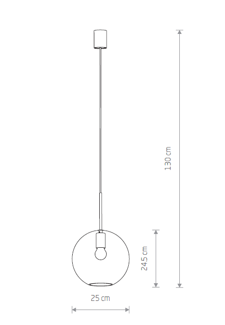 Lampa wisząca Sphere D25 o średnicy 25 cm, czarna, z metalowym uchwytem i długim przewodem. Wysokość całkowita 130 cm, z kloszem w kształcie kuli. Idealna do nowoczesnych wnętrz.