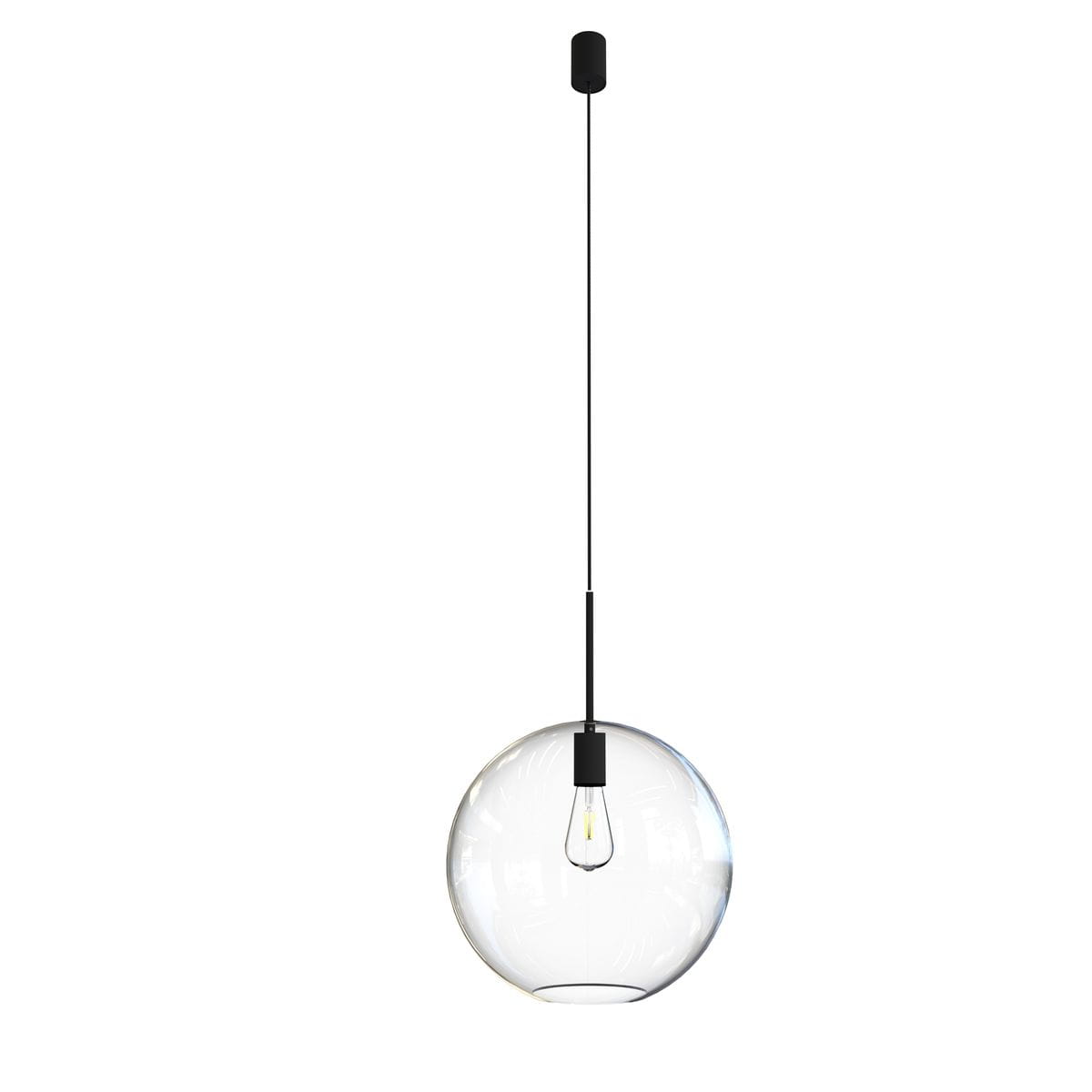 Czarna lampa wisząca Spehere D35 z przezroczystym kloszem w kształcie kuli. Zawieszona na cienkim, czarnym przewodzie, z widoczną żarówką w środku. Ujęcie frontalne, na jednolitym tle.