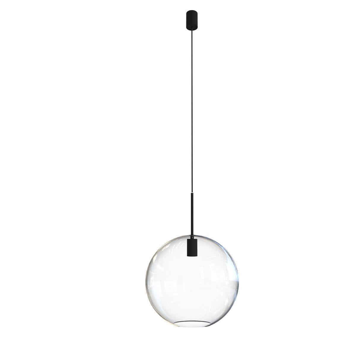 Lampa wisząca Spehere D35 z czarnym mocowaniem, zawieszona na cienkim kablu. Kulista, przezroczysta klosz z gładkiego szkła, o średnicy 35 cm, wisząca na długiej lince, idealna do nowoczesnych wnętrz.