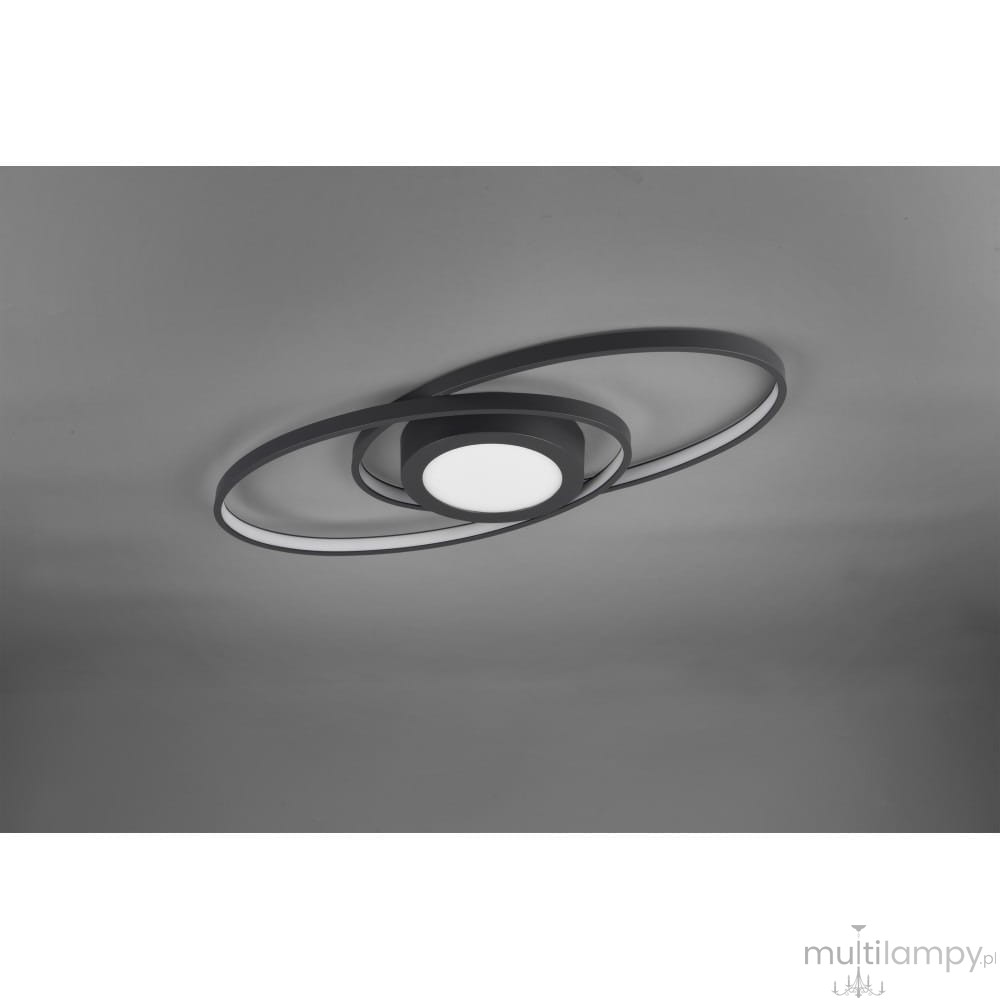 Trójpunktowa lampa sufitowa LED w kolorze antracytowym z okrągłym, białym źródłem światła w centralnej części. Lampa ma unikalny, nowoczesny kształt z dwoma okrągłymi ramionami, zamontowana na suficie.