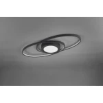 Trójpunktowa lampa sufitowa LED w kolorze antracytowym z okrągłym, białym źródłem światła w centralnej części. Lampa ma unikalny, nowoczesny kształt z dwoma okrągłymi ramionami, zamontowana na suficie.