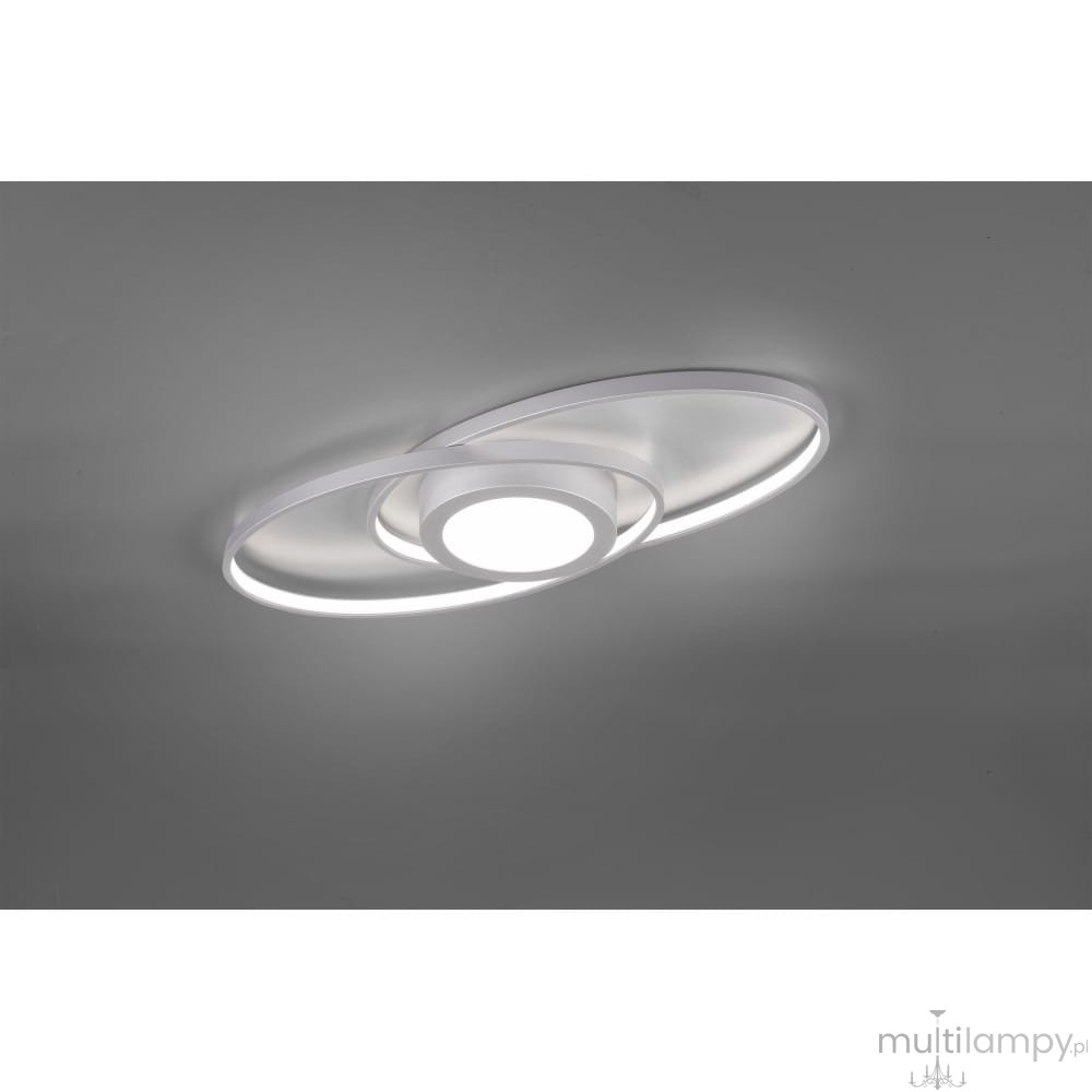 Lampa sufitowa Galaxy LED 3-punktowa w tytanowej obudowie, z trzema okrągłymi pierścieniami. Centralna część z białym światłem. Ujęcie z góry, na jednolitym tle. Idealna do nowoczesnych wnętrz.