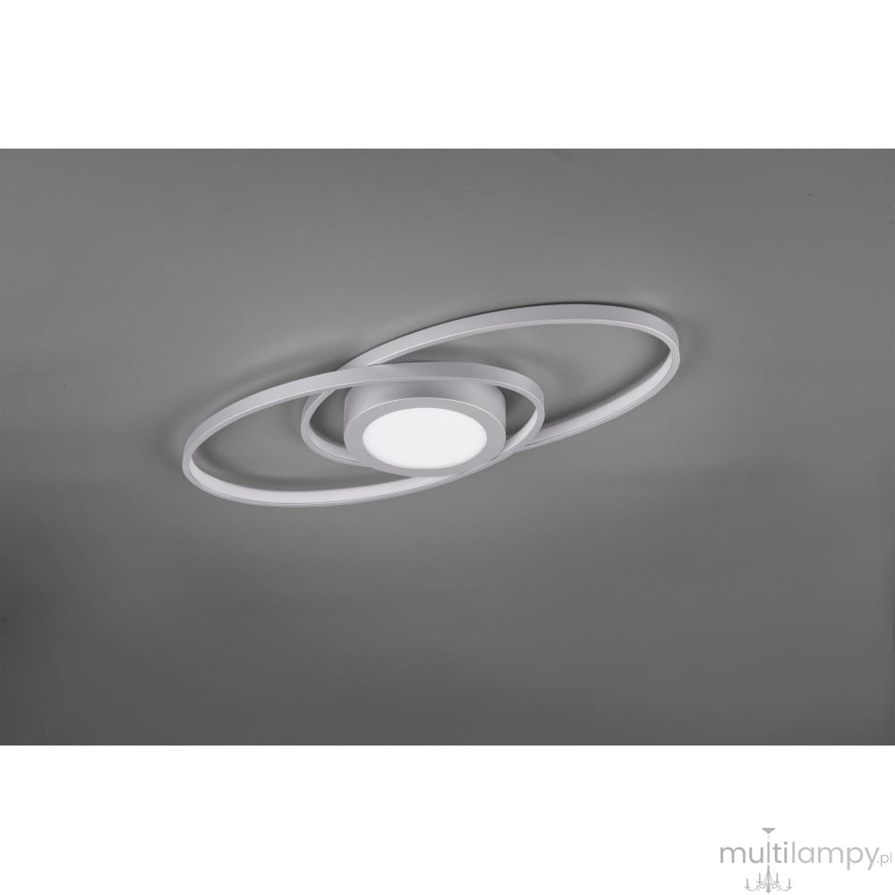 Tytanowa lampa sufitowa LED 3-punktowa, z centralnym okrągłym źródłem światła, otoczona dwoma delikatnymi, białymi pierścieniami. Ujęcie z dołu, na szarym tle, prezentujące nowoczesny design i minimalistyczny styl.