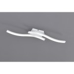 Biała lampa sufitowa Route LED 4000K z dwoma falistymi elementami. Ujęcie z góry, zamontowana na prostokątnej podstawie. Prosty, nowoczesny design, idealna do oświetlenia wnętrza. Tło w odcieniu szarym.