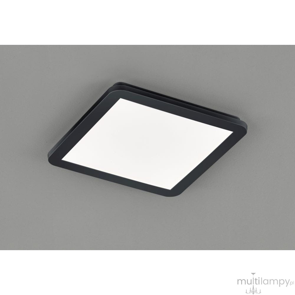 Plafon Camillus D30x30 LED IP44 w kolorze czarnym, o kwadratowym kształcie, zamontowany na suficie. Oświetlenie emituje białe światło z gładką, matową powierzchnią, odpowiednie do użytku w pomieszczeniach.