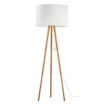 Lampa podłogowa Tokyo 1-punktowa z białym abażurem i drewnianą podstawą w kolorze sosny. Ustawiona pionowo na trzech nogach, z widocznym kablem i przełącznikiem. Prosty, minimalistyczny design, idealna do różnych wnętrz.