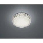 Plafon LED Pegasus w kolorze białym, okrągły, z dekoracyjną ramką w sieciowy wzór. Wyposażony w rozproszoną, miękką iluminację. Montowany na suficie, z widocznymi diodami LED wewnątrz. Tło ciemnoszare, podkreślające produkt.