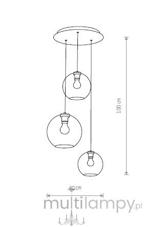 Lampa wisząca Vetro 3-punktowa z trzema okrągłymi kloszami o średnicy 40 cm, zawieszona na różnych wysokościach, z metalowym stelażem. Całkowita długość wynosi 100 cm. Idealna do nowoczesnych wnętrz.