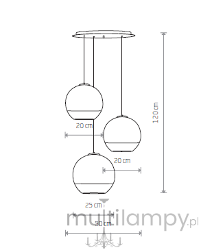 Lampa wisząca Globe Plus 3-punktowa w kolorze czarnym. Trzy okrągłe klosze o średnicy 25 cm, zawieszone na linkach, z wysokością 120 cm. Klosze umieszczone na różnych wysokościach, każdy o wysokości 20 cm.