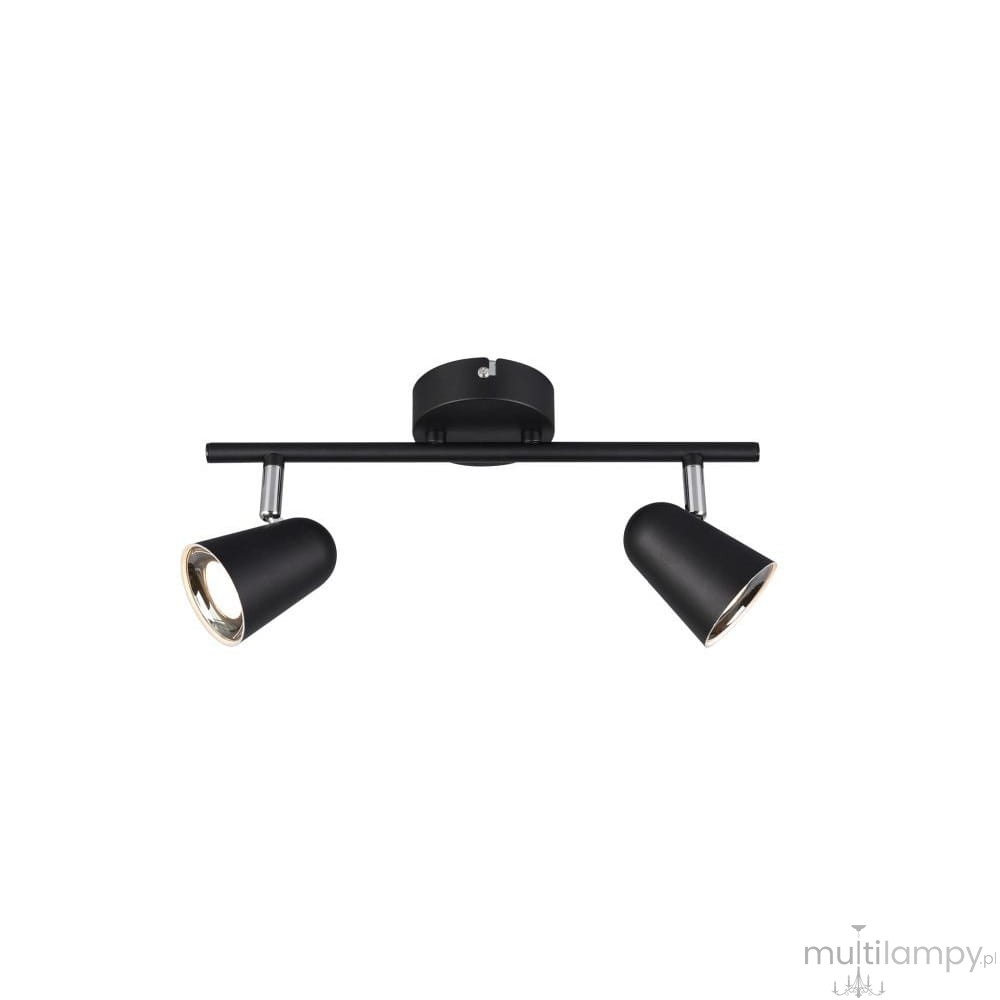 Czarna lampa sufitowa LED Toulouse z dwoma punktami świetlnymi, montowana na prostokątnej podstawie. Reflektory w kształcie stożków, skierowane w różnych kierunkach, z metalowym wykończeniem. Prosta, nowoczesna forma, idealna do różnych wnętrz.