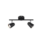 Czarna lampa sufitowa LED Toulouse z dwoma punktami świetlnymi, montowana na prostokątnej podstawie. Reflektory w kształcie stożków, skierowane w różnych kierunkach, z metalowym wykończeniem. Prosta, nowoczesna forma, idealna do różnych wnętrz.