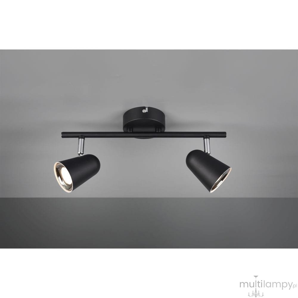 Czarna lampa sufitowa Toulouse LED, 2-punktowa, z metalowym korpusem i regulowanymi reflektorami w kształcie stożka. Montaż sufitowy, widoczny na jednolitym tle. Wymiary i detale konstrukcyjne nieokreślone.