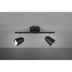 Czarna lampa sufitowa Toulouse LED, 2-punktowa, z metalowym korpusem i regulowanymi reflektorami w kształcie stożka. Montaż sufitowy, widoczny na jednolitym tle. Wymiary i detale konstrukcyjne nieokreślone.
