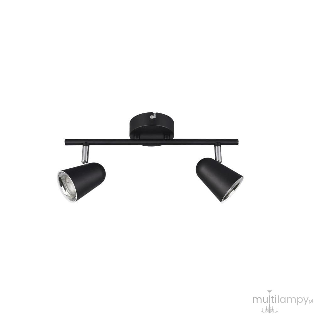 Czarna lampa sufitowa LED Toulouse z dwoma punktami świetlnymi. Ułożona poziomo na metalowej belce z cylindrycznymi kloszami. Klosze w kolorze czarnym z metalicznymi detalami. Idealna do nowoczesnych wnętrz.