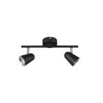 Czarna lampa sufitowa LED Toulouse z dwoma punktami świetlnymi. Ułożona poziomo na metalowej belce z cylindrycznymi kloszami. Klosze w kolorze czarnym z metalicznymi detalami. Idealna do nowoczesnych wnętrz.