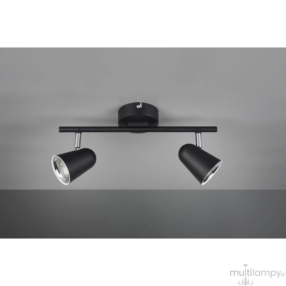 Czarna lampa sufitowa LED Toulouse z dwoma punktami świetlnymi. Ułożona poziomo, z metalowym kloszem w kształcie stożka. Klosze mają srebrne wnętrza, a całość przymocowana jest do okrągłej podstawy. Tło szare, proste.