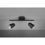 Czarna lampa sufitowa LED Toulouse z dwoma punktami świetlnymi. Ułożona poziomo, z metalowym kloszem w kształcie stożka. Klosze mają srebrne wnętrza, a całość przymocowana jest do okrągłej podstawy. Tło szare, proste.