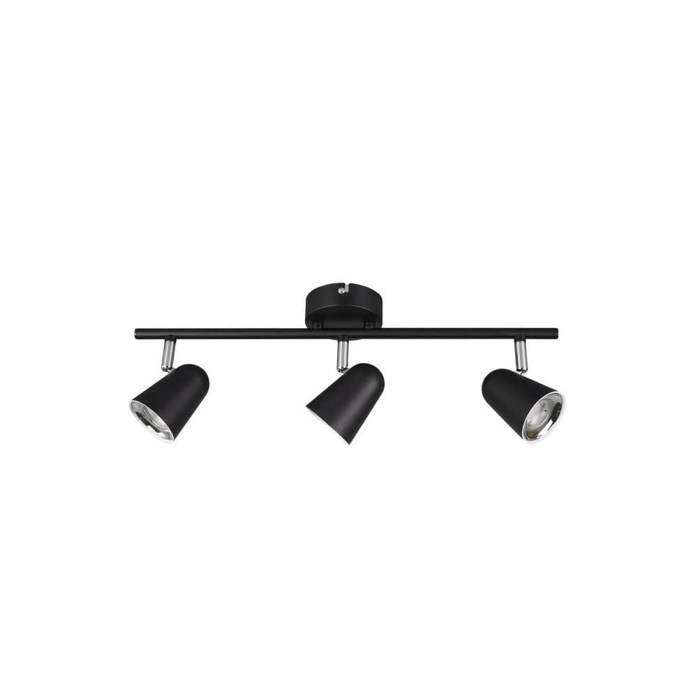 Czarna lampa sufitowa Toulouse LED z trzema punktami świetlnymi. Ułożona poziomo na metalowej listwie, z kloszami w kształcie stożka, montowana do sufitu. Prosta forma i minimalistyczny design.